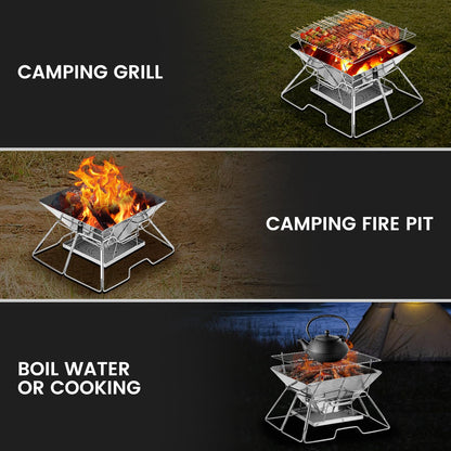 Portable Fire Pit BBQ For Camping: Stainless Steel Folding Firepit Small Barbecue Charcoal Grill For Garden, Outdoor, Campfire