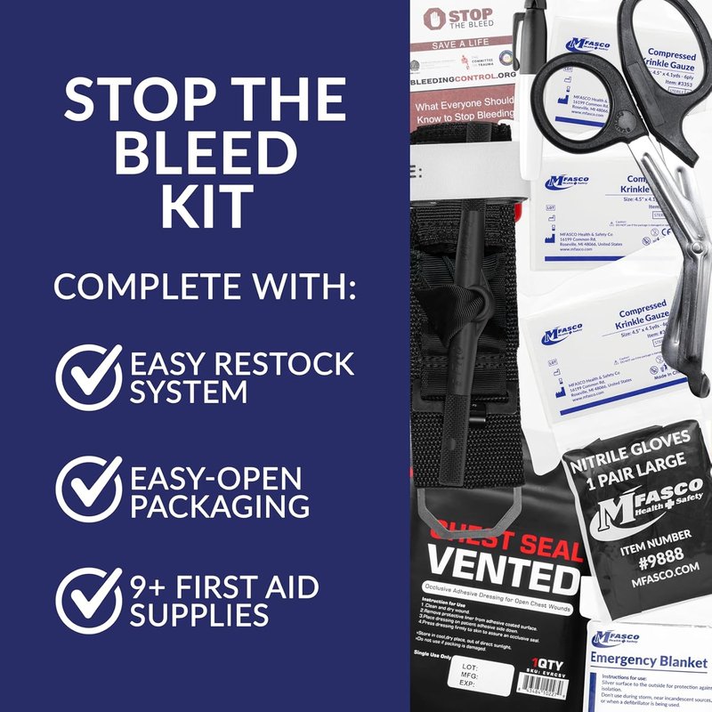 Stop The Bleed 10-Piece Bleeding Control Kit - Tourniquet, Compressed Gauze & Chest Seal | Portable & Easy-to-Open