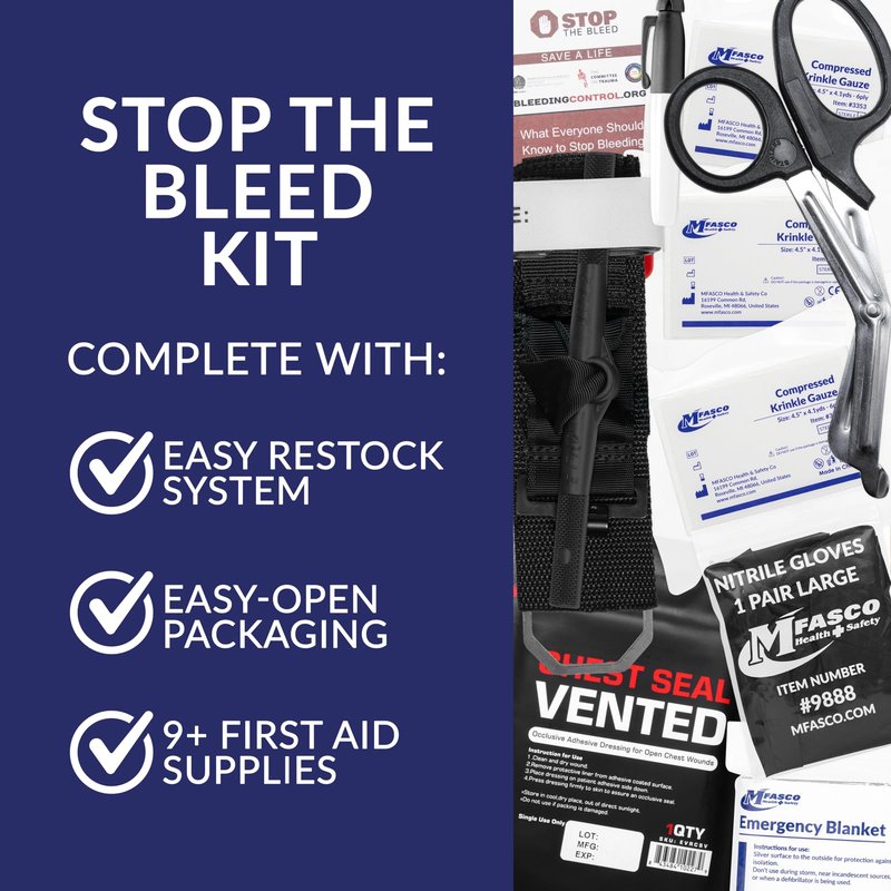MFASCO 10-Piece Stop The Bleed - Bleeding Control Kit, Tourniquet, Compressed Gauze, Chest Seal, Portable, Easy-to-Open Packaging, Packed in A Plastic Kit That Can Be Mounted or Carried