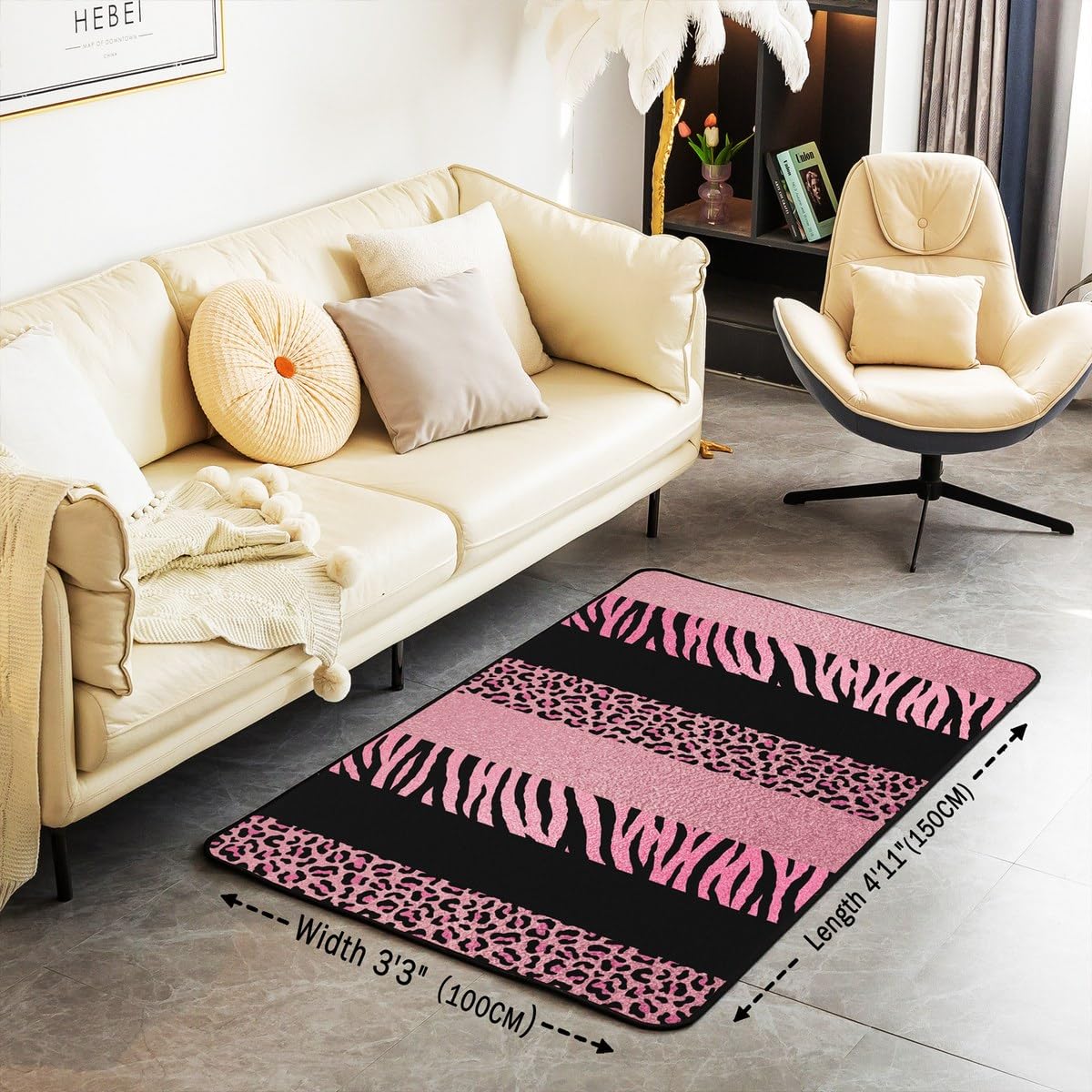 Castle Fairy Pink Leopard Print Area Rug 3x5 Wild Animal Zebra Skin Texture Decor Non Slip Rug for Girls Women Adults Black Geometric Stripes Western Style Indoor Floor Mat for Office Bedroom