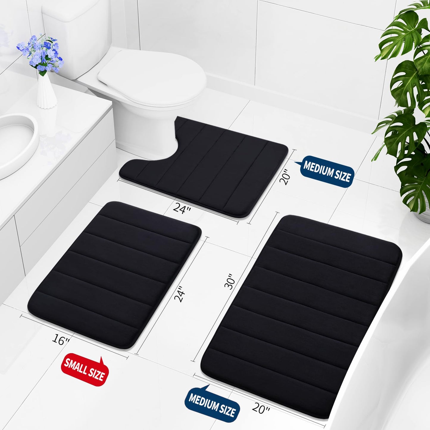 Buganda Memory Foam Bath Mat, 47" x 17", Ultra Soft and Non-Slip Bathroom Rugs, Water Absorbent and Machine Washable Bath Rug Runner for Bathroom, Shower, and Tub, Black