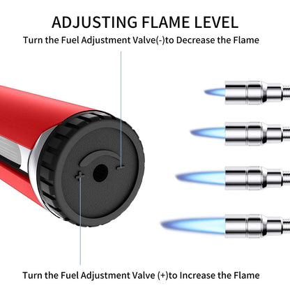 Butane Lighter Torch Long Lighter Refillable Adjustable Jet Flame Lighter Windproof Flexible with Visual Fuel Window Blow Torch for Stove BBQ Grill Fireplace Camping Kitchen (No Gas Include) - Red