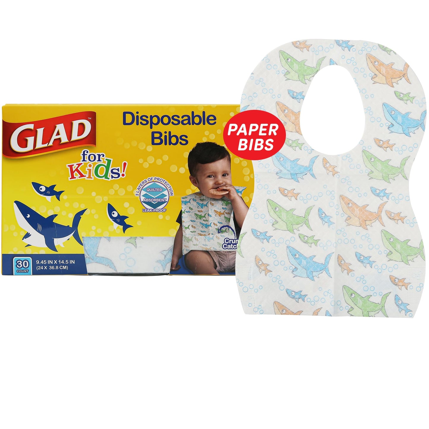 Glad for Kids Shark Paper Disposable Bibs with Crumb Catcher for Feeding - Absorbent and Leakproof Eating and Travel Must Haves for Mess-Free Meals, 30 Count
