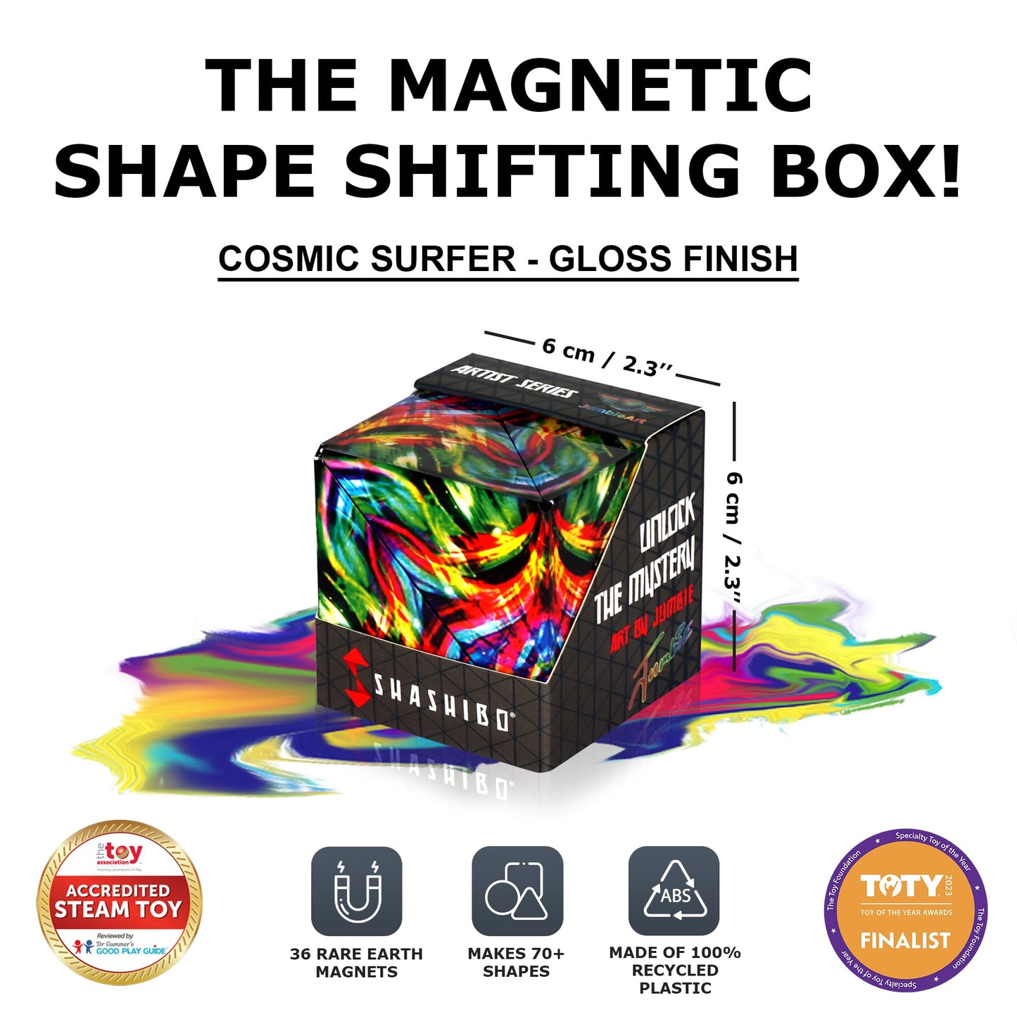 SHASHIBO Shape Shifting Box - Award-Winning Age 8+, Patented Fidget Cube w/ 36 Rare Earth Magnets - Transforms Into Over 70 Shapes, Download Fun in Motion Toys Mobile App (Artist Series-Cosmic Surfer)