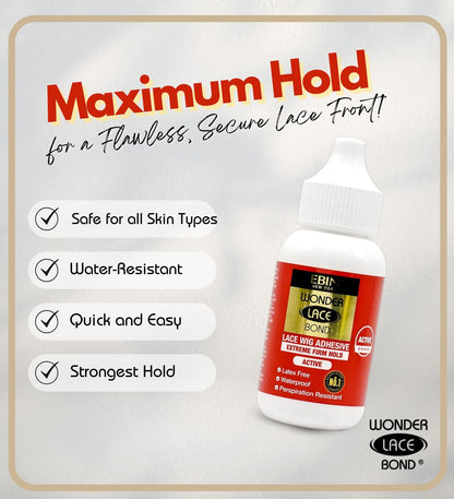 EBIN NEW YORK Wonder Lace Bond Extreme Firm Hold 1.18oz - No Residue Improved Formula Easy to Apply Fast Drying Waterproof Latex Free Perspiration Resistant