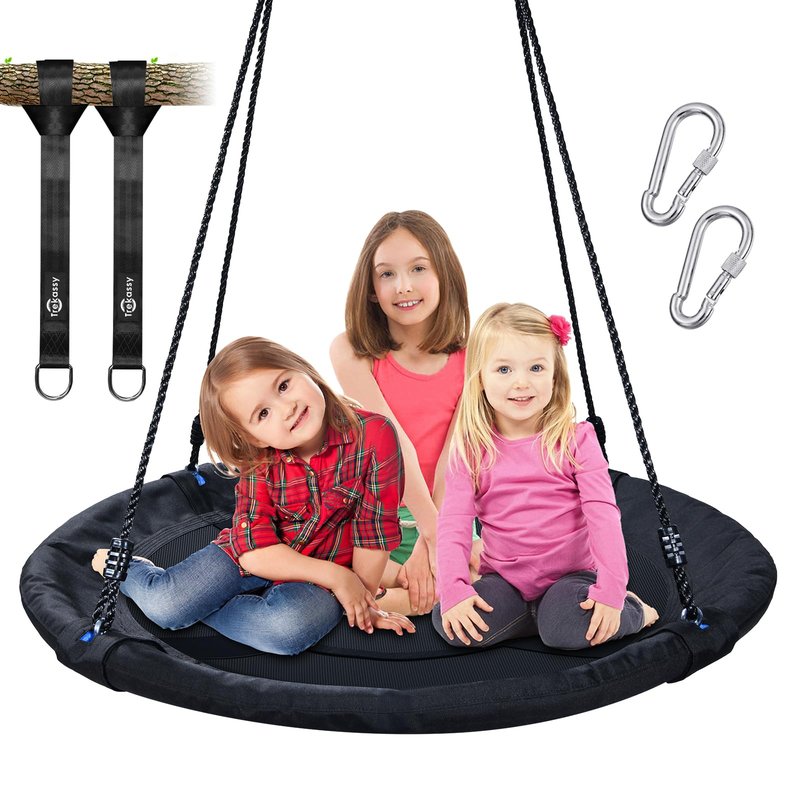 Trekassy 700lb 40 Inch Saucer Tree Swing for Kids Adults Outdoor 900D Oxford Waterproof with 2pcs Tree Hanging Straps, Steel Frame and Adjustable Ropes Black
