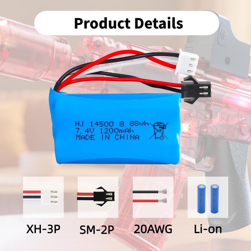 Itexkun 2 pcs 7.4V 1200mAh 5C Li-on Battery SM-2P Plug for Airsoft Gun Water Ball Gun Battery Gel Blaster