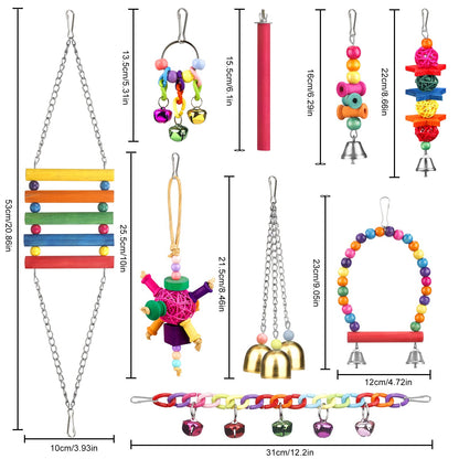 Bird Toys for Conures with Colorful Ladder Hammock Cage Accerious Bird Perch Stand Chewing Toys Hanging Bell Parrot Parakeet Cockatiel Lovebirds