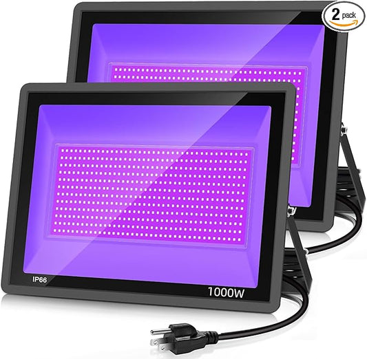 2 Pack 1000W LED Black Flood Light, Big Black Light Outdoor with Plug and Switch, IP66 Waterproof Blacklight for Glow Party, Halloween, Fluorescent Poster, Body Paint, Aquarium
