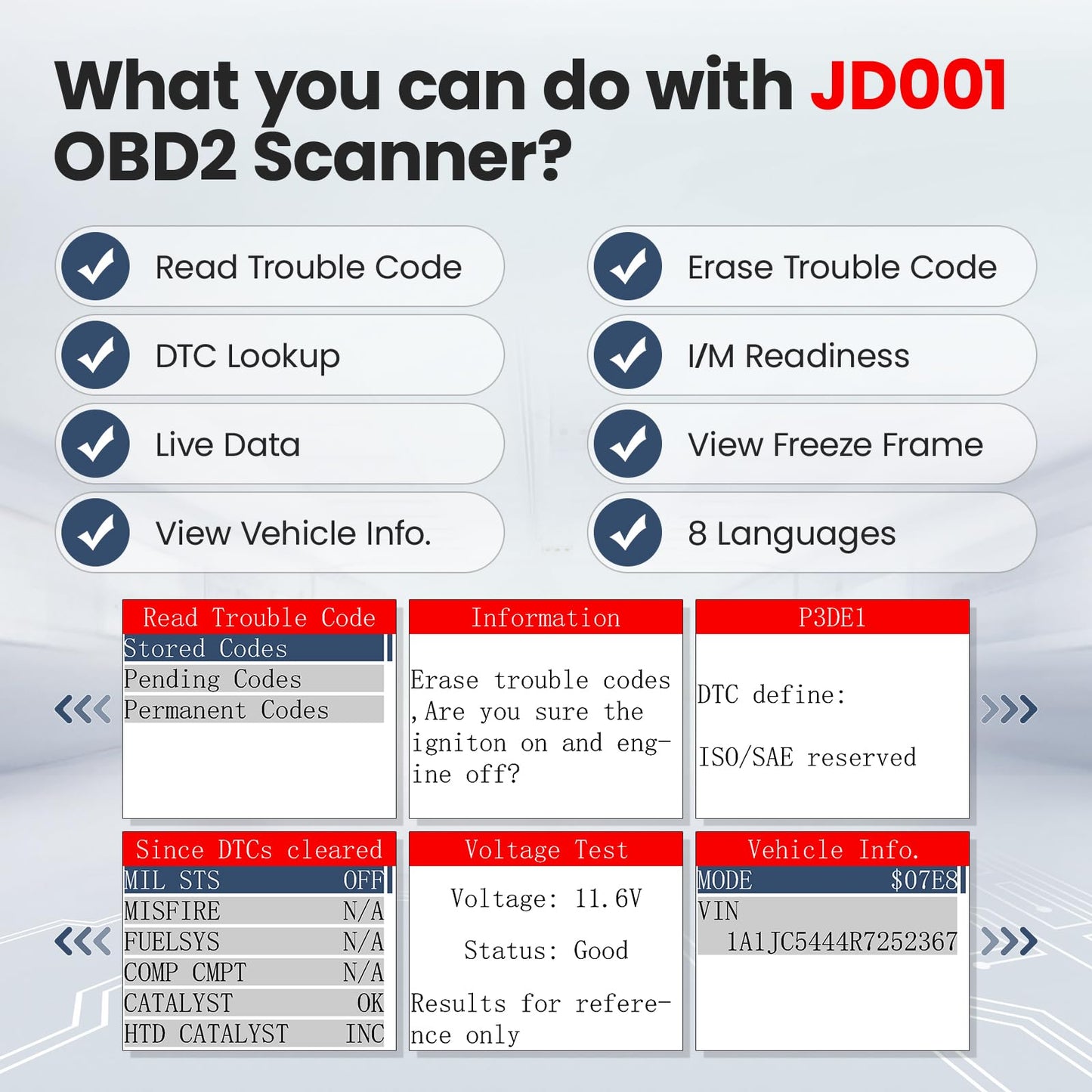 JDIAG JD001 OBD2 Scanner Professional Code Reader Engine Fault Scanner CAN Diagnostic Scan Tool for Cars Since 1996 Easy to Read and Clear False Code with DTC Lookup, I/M Readiness, Freeze Frame