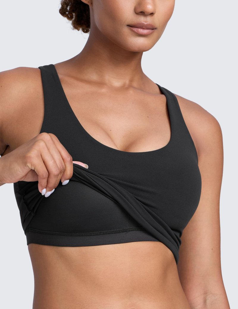 CRZ YOGA Butterlift Racerback Crop Tank Tops for Women - U Neck Yoga Padded Longline Sports Bras Pilates Workout Black Large