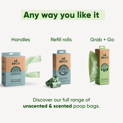 Beco Dog Poop Bags Rolls - Strong & Large - 120 Bags (8 Rolls of 15) Mint Scented, Dispenser Compatible for Dog Waste