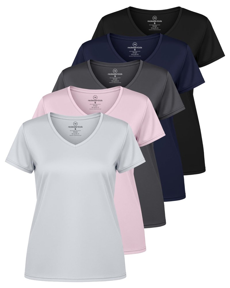 Real Essentials 5 Pack: Women's Dry-Fit Short Sleeve V Neck T Shirt Workout Fitness Yoga Top Tee (Available in Plus Size), Set 7, 1X