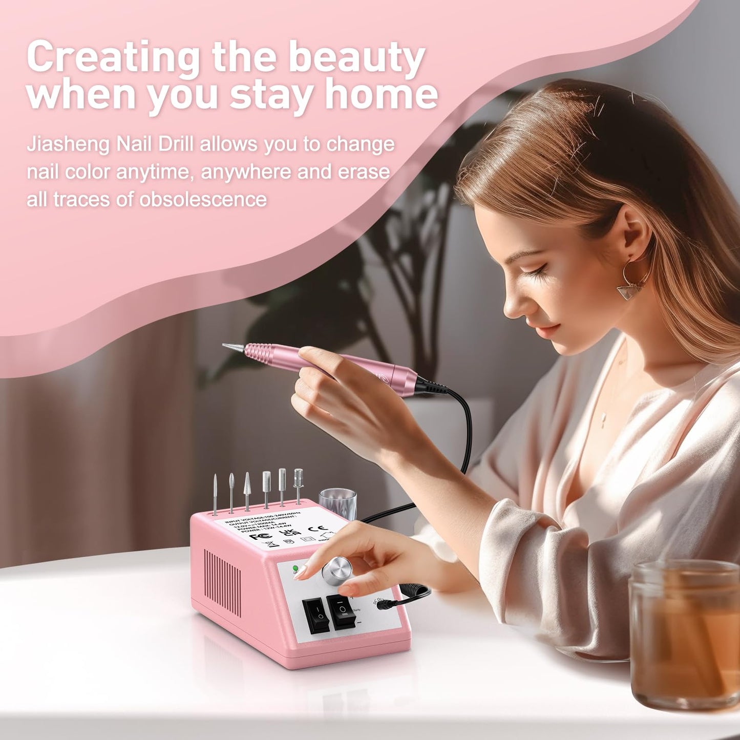 20000RPM Electric Nail Drill Professional Nail File Drill Acrylic Nails Kit for Manicure Gel Nail Polish Remover with 1 Pack of Sanding Bands(Pink)