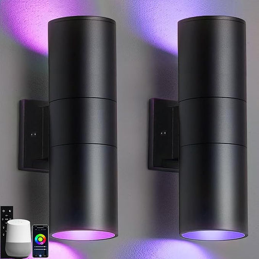 wowlite RGB Up Down Outdoor Wall Lights 2 Pack, 1200LM Smart Cylinder Outdoor Lights for House, Color Changing Exterior Lighting Fixtures APP Control Works with Alexa, IP65 Waterproof Porch Light