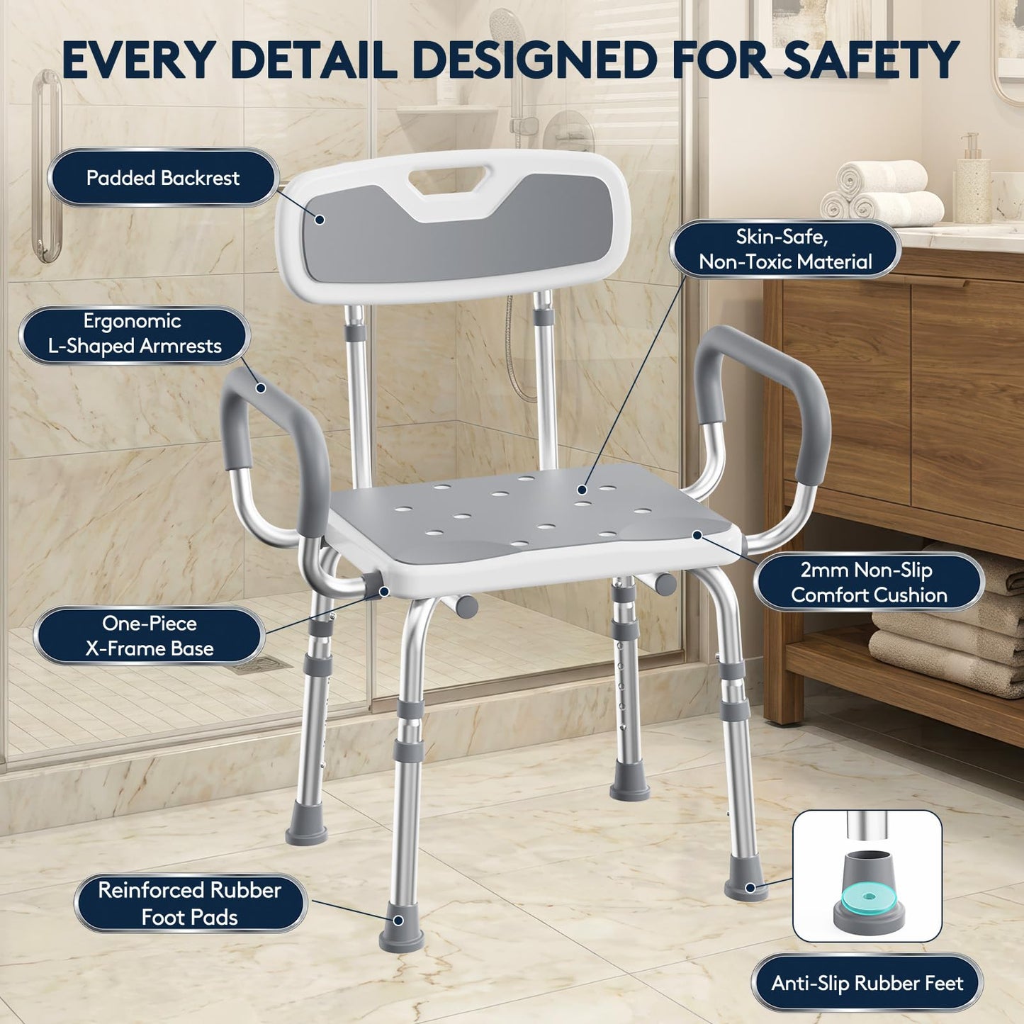 UNILEAF Shower Chair For Inside Shower With Arms And Back, Adjustable Height Shower Chair For Elderly And Disabled Adults, 450 Lb Capacity, Non-Slip Shower Seat, Aluminum, White