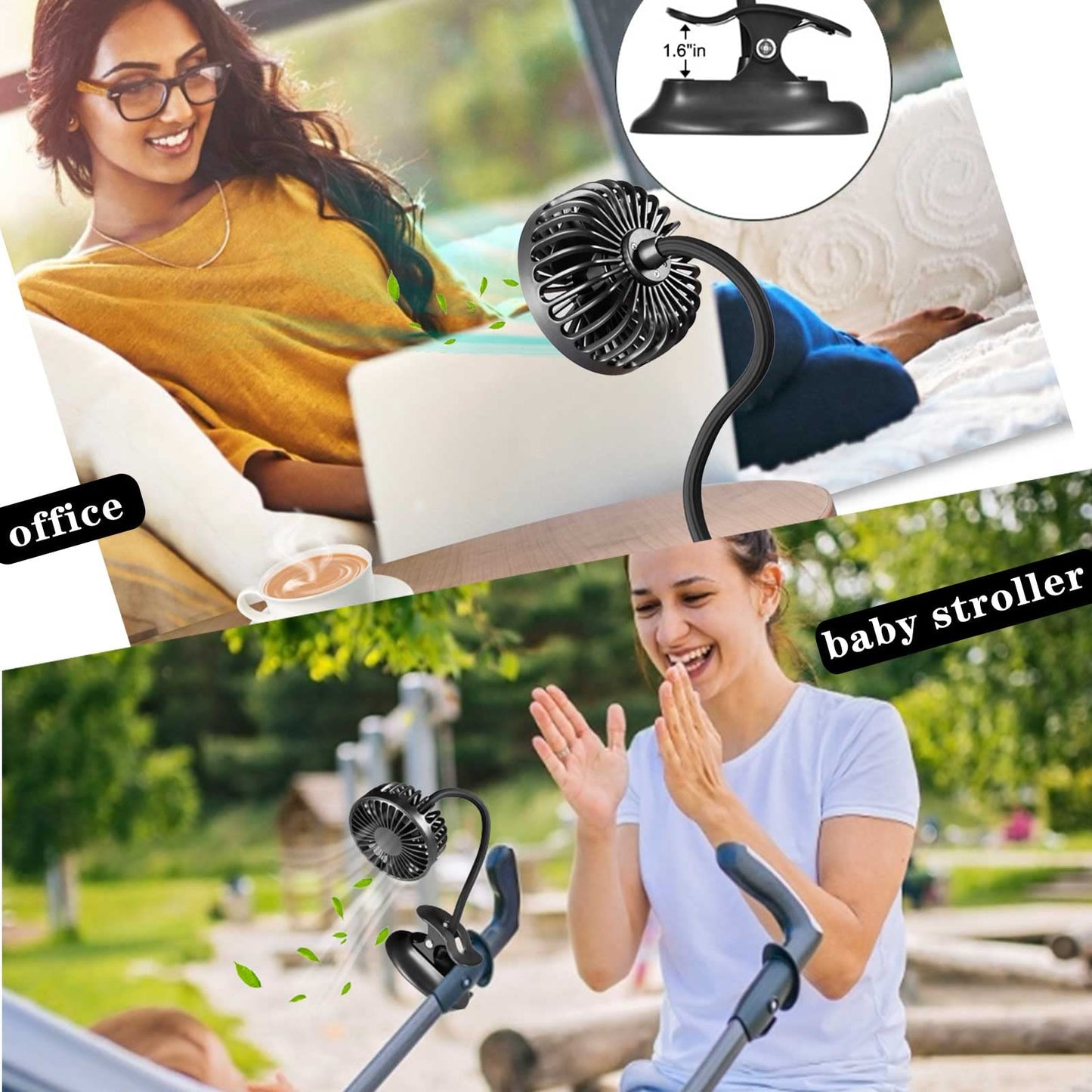 Clip On USB Mini Desk Fan with Emergency Power Bank, Battery Operated Rechargeable Portable Fan - Flexible Neck, 3 Speed Personal Cooling for Baby Stroller, Car, Camping, Office, Dorm, Beach - Black