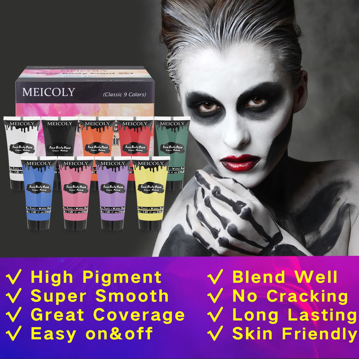 MEICOLY 9 Colors Face Body Paint Set,1.01x9oz/Box,Water Based Washable Face Paint for Adult Kids,Safe Cream Body Paint for Skin,Yellow Red White Blue Face Painting Kit for Halloween SFX Cosplay Makeup