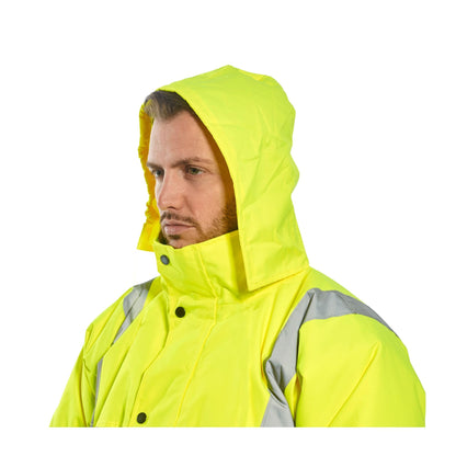 Portwest S463 Men's Hi-Vis Winter Bomber Jacket Waterproof Safety Cold Protection EN342 Certified Reflective Tape Texpel Eco Fabric Multiple Pockets Pack Away Hood, Yellow, L