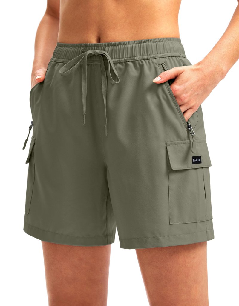 SANTINY Women's 5''/ 7''/9'' Hiking Cargo Shorts Quick Dry Lightweight Summer Shorts for Women Athletic Golf Zipper Pockets(Silver Sage_XL)