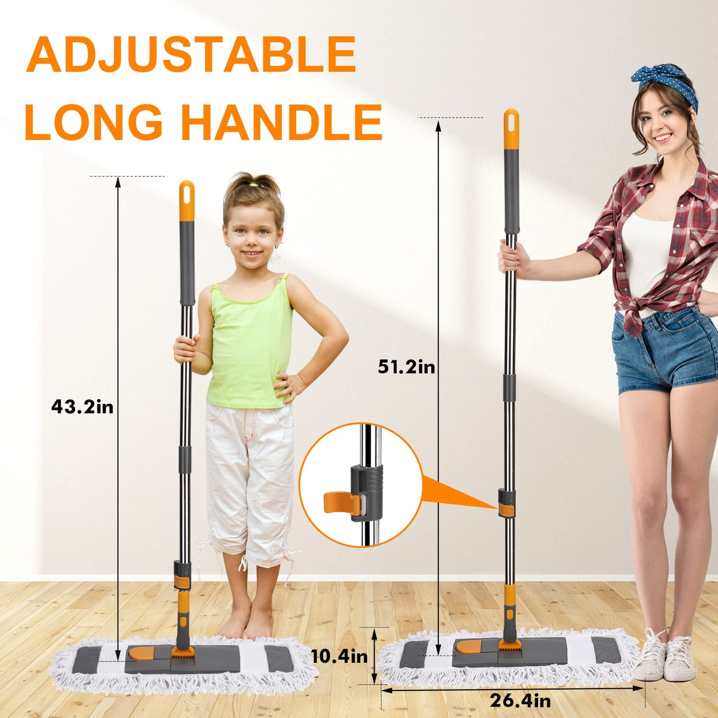 MASTERTOP Flat Mop, 60cm Wide Industrial Mops with Stainless Steel Long Handle, Commercial Pure Cotton Mop with 2 Reusable Pads, Wet and Dry Floor Mops for Hard Laminate Floors Cleaning