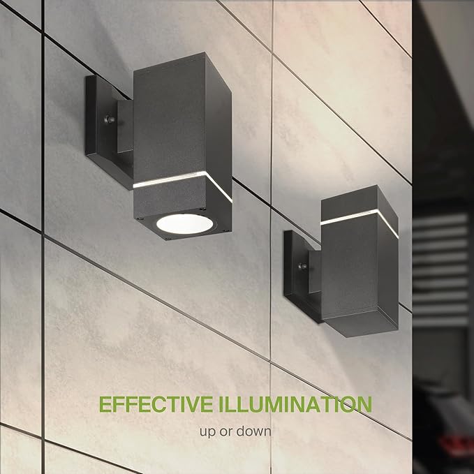 ASD 1 Light Square Outdoor Wall Light Fixture | 60W E26 Bulb Socket 120V ETL Cylinder Up Down Lights | LED/CFL/Incandescent Bulb Exterior Wall Sconce | Front Door, Porch Patio | Ringed Black
