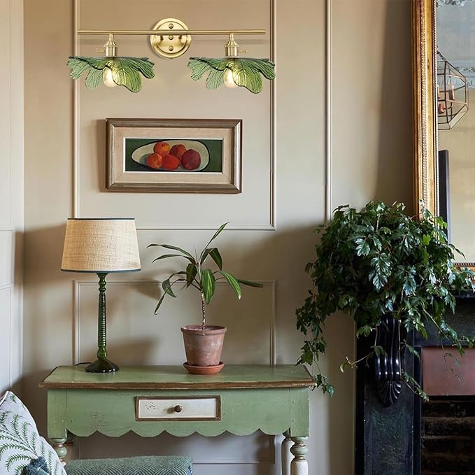 2 Light Bathroom Vanity Lights Over Mirror, Gold Wall sconces with Green Glass Shade Bathroom Sconce mid Century Wall Sconce Light Vintage Wall Lighting Fixture for Bedside Bedroom Doorway