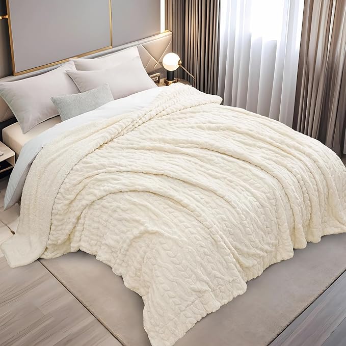 PHF Fluffy Sherpa Blanket Twin Size for Winter, Warm and Soft, 510GSM 3D Jacquard Thick Shaggy Fleece Plush Blanket for Sofa Bed, Cream, 60"x80"