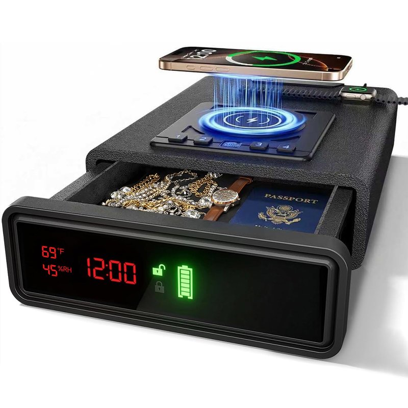 Biometric Fingerprint Gun Safe with Phone & Watch Wireless Charging, 3 Quick Access, Clock Handgun Safe with Adjustable Brightness, Backlit Keypad, Pistol safe for home, office.