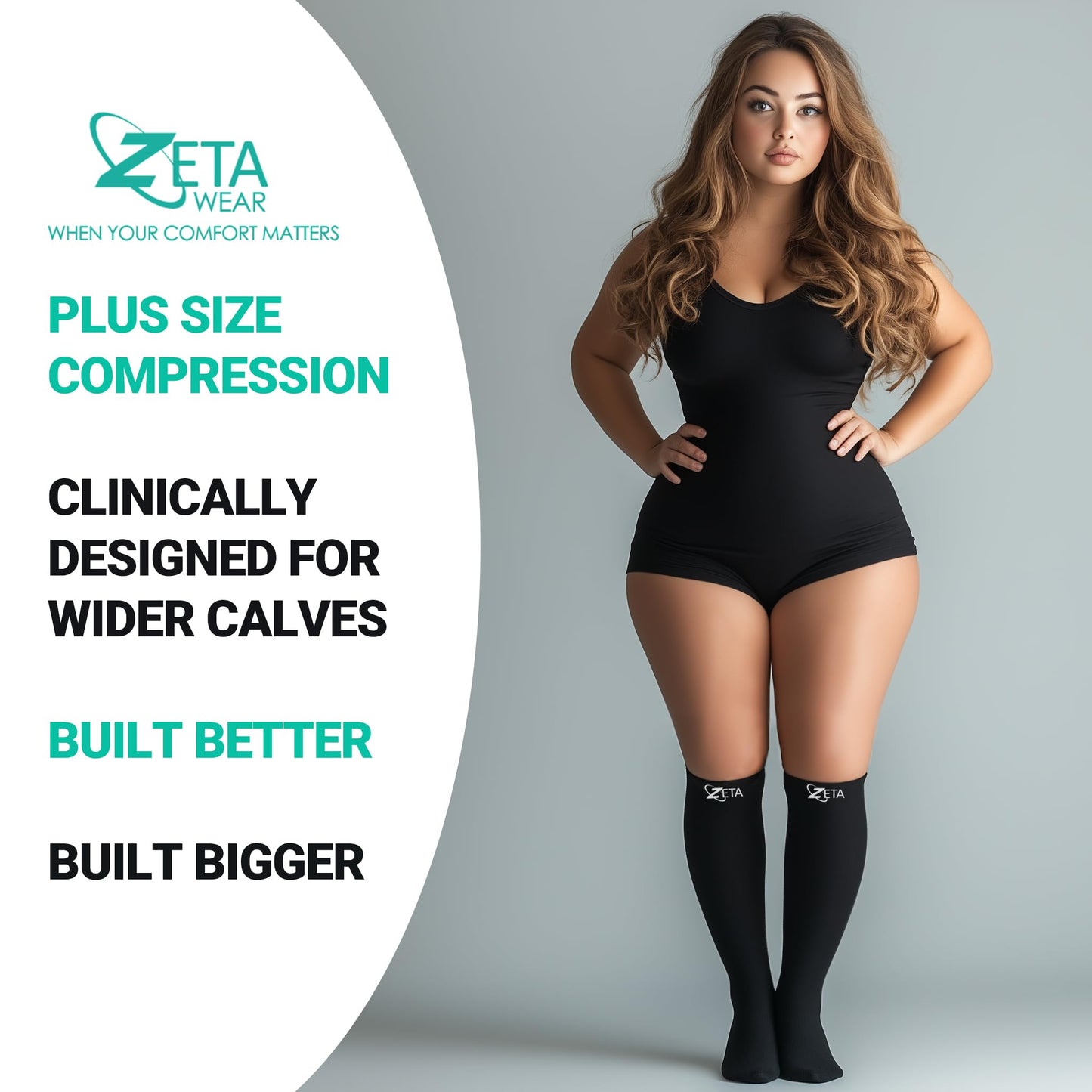 Zeta Wear Plus Size Support Socks - Wide Calf Compression, Great for Travel & Flights, Women Love Its Amazing Fit, Cotton-Rich Comfort & Soothing Relief, 1 Pair, 3XL, Gray