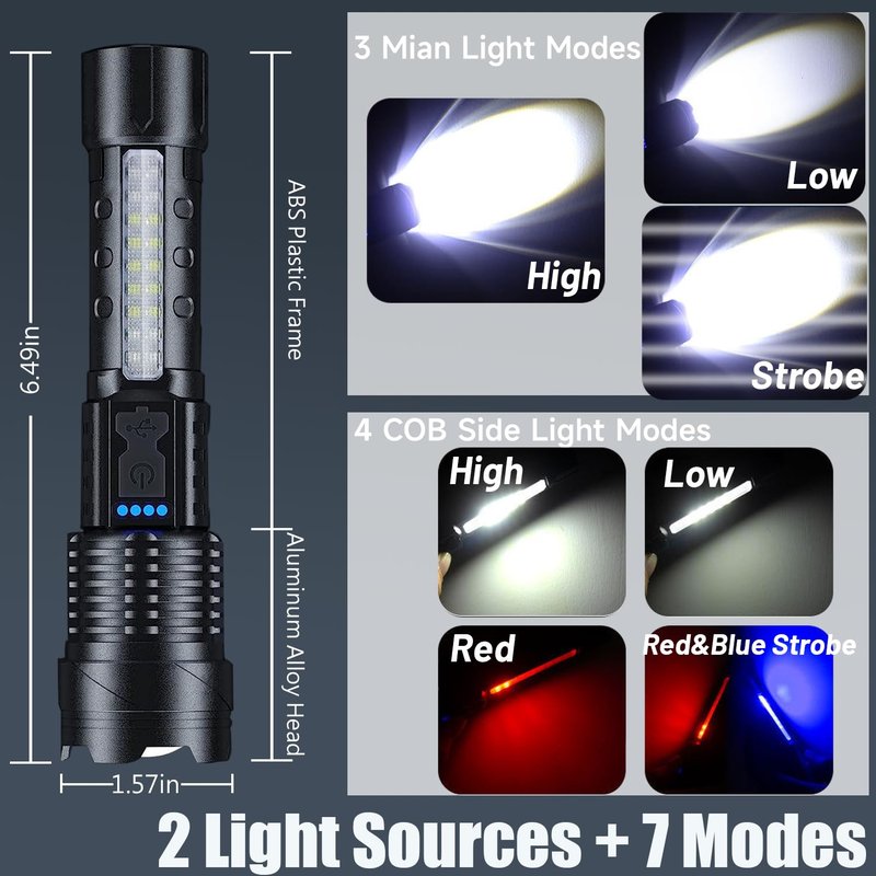 YLUIQDZL 2 Pack Rechargeable LED Flashlight,90000 High Lumens Tactical Flashlights with 7 Modes,Waterproof Zoomable Handheld Flash Light with COB Work Light for Camping,Emergencies,Home