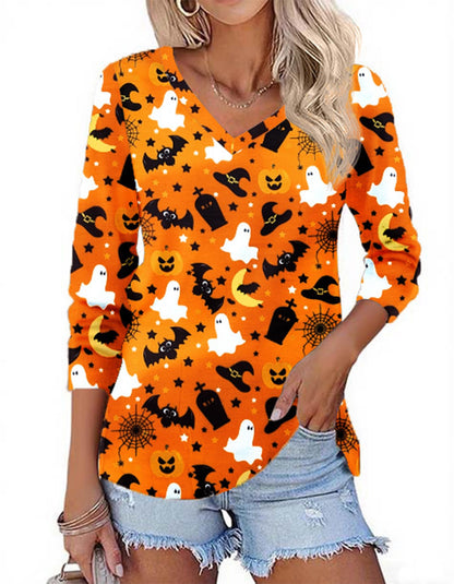 Zeagoo Halloween Shirt for Women Long Sleeve Pumpkin Printed Cute T Shirts Orange Graphic Tops Fall Tee Fashion Gift XL