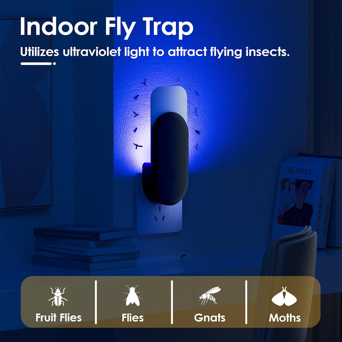 Flying Insect Trap, 2 in 1 Indoor Plug-in Fruit Fly Trap, 1 Trap Black and 6Glue Cards, Fruit Fly Traps for Gnat, Moth, Mosquito, Suitable for Every Part of The Home
