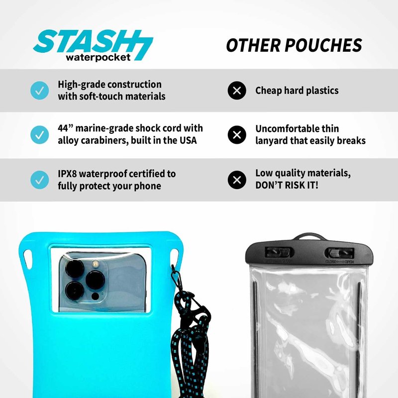 Stash7 Waterproof Phone Pouch w/Long Lanyard | IPX8 Adventure Grade Cellphone Dry Bag Case, Fits iPhone 15 Pro Max,14 Pro Max, 13 Pro Max, XS, XR, Galaxy S21, for Snorkeling, Kayaking, Cruise Black