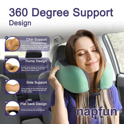 napfun Neck Pillow for Traveling, Upgraded Travel Neck Pillow for Airplane 100% Pure Memory Foam Travel Pillow for Flight Headrest Sleep, Portable Plane Accessories, Light Grey