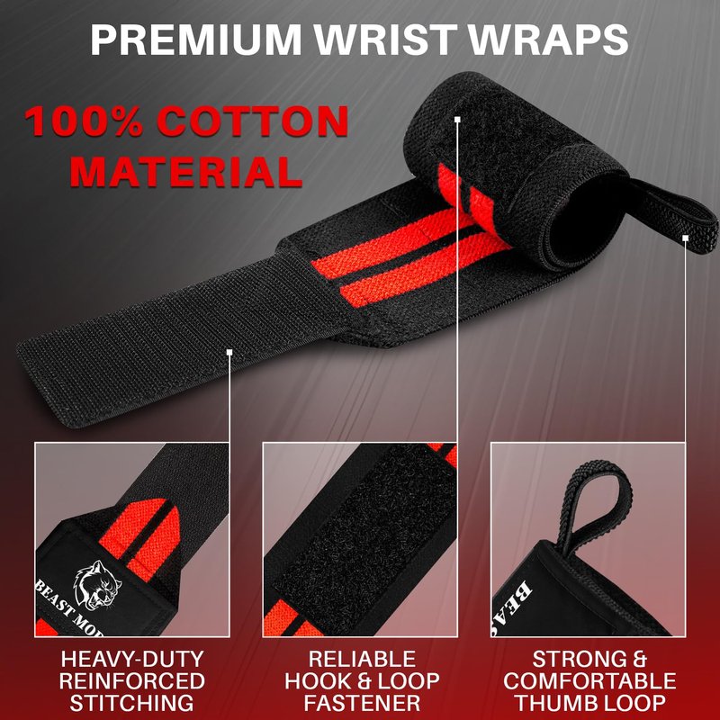 TECEUM Weightlifting Wrist Wraps with Thumb Loop – Black and Red – Arms on Fire – 18 inch – Heavy-Duty Workout Wrist Support & Protection – Ideal for Powerlifting, Strength Training, Bodybuilding