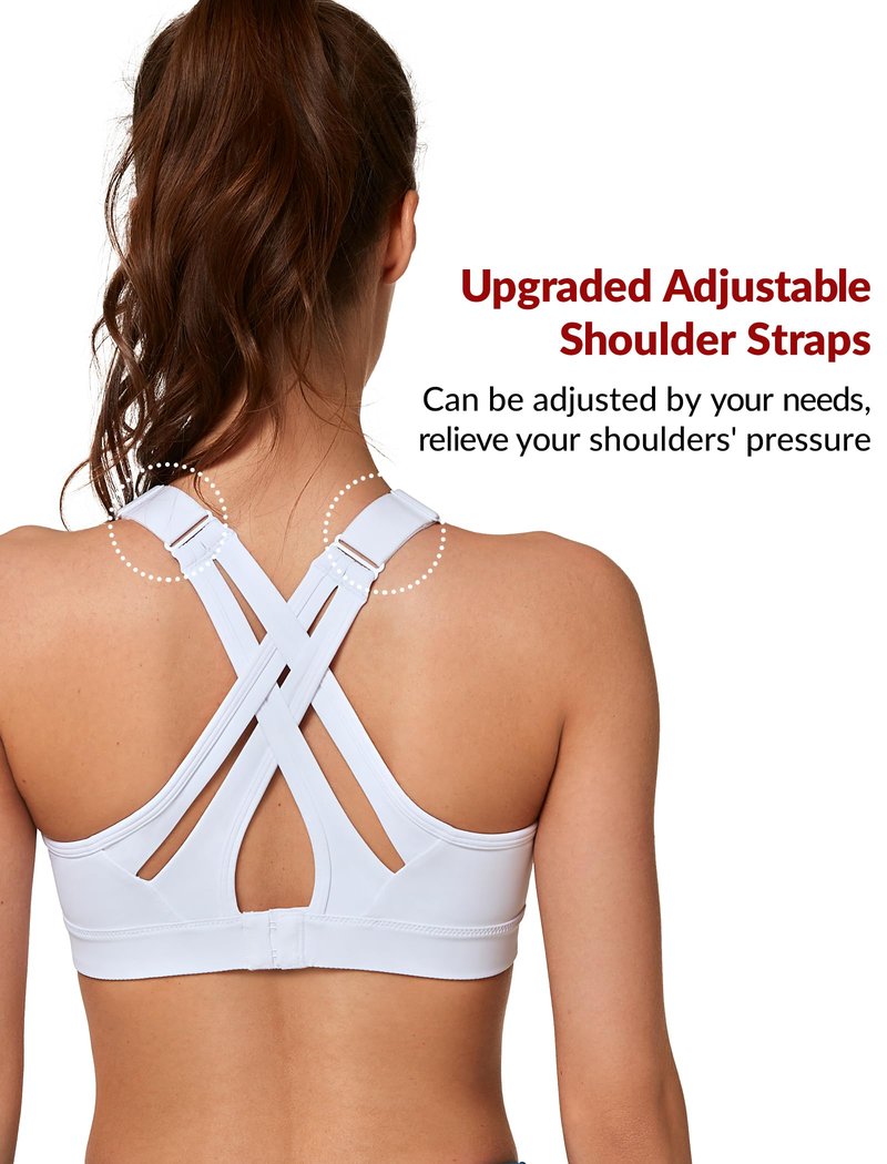 Yvette Sports Bra High Impact Adjustable Criss Cross Back, Full Support for Large Bust No Bounce, White,L