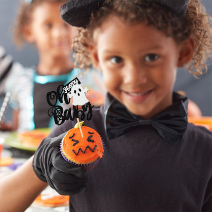 24 PCS Halloween Ghost Oh Baby Cupcake Toppers Glitter Spooky Baby Shower Cupcake Picks for Halloween Theme Baby Shower Kids Birthday Party Cake Decorations Supplies