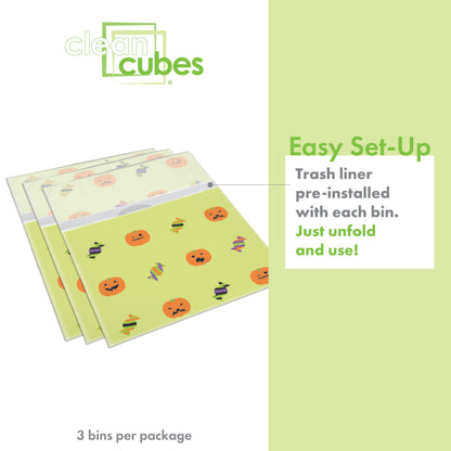 Clean Cubes 13 Gallon Disposable Pop-Up Trash Cans (3-Pack) with Fitted Bags – Foldable Garbage & Recycling Bins for Parties, Events & Kitchen (Halloween, 17" H x 13.5" W x 10" D)