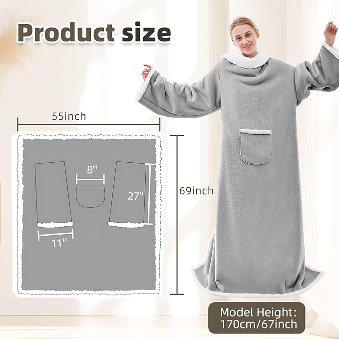 IFNOW Sherpa Wearable Blanket with Sleeves for Women Men Adults, Cozy Wearable Blanket with Arm and Pocket, Warm Full Body TV Wrap Throw Blanket, Soft Robe Blanket as Gifts for Mom Wife, Grey
