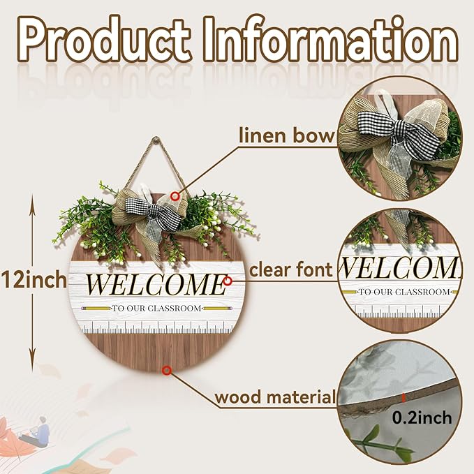 Welcome Sign for Classroom Door Welcome to Our Classroom front Door Sign with Wreath Teacher Round Hanging Wooden Plaque with Bow Decoration Welcome Back to School Wall Signs Porch 12×12 Inch