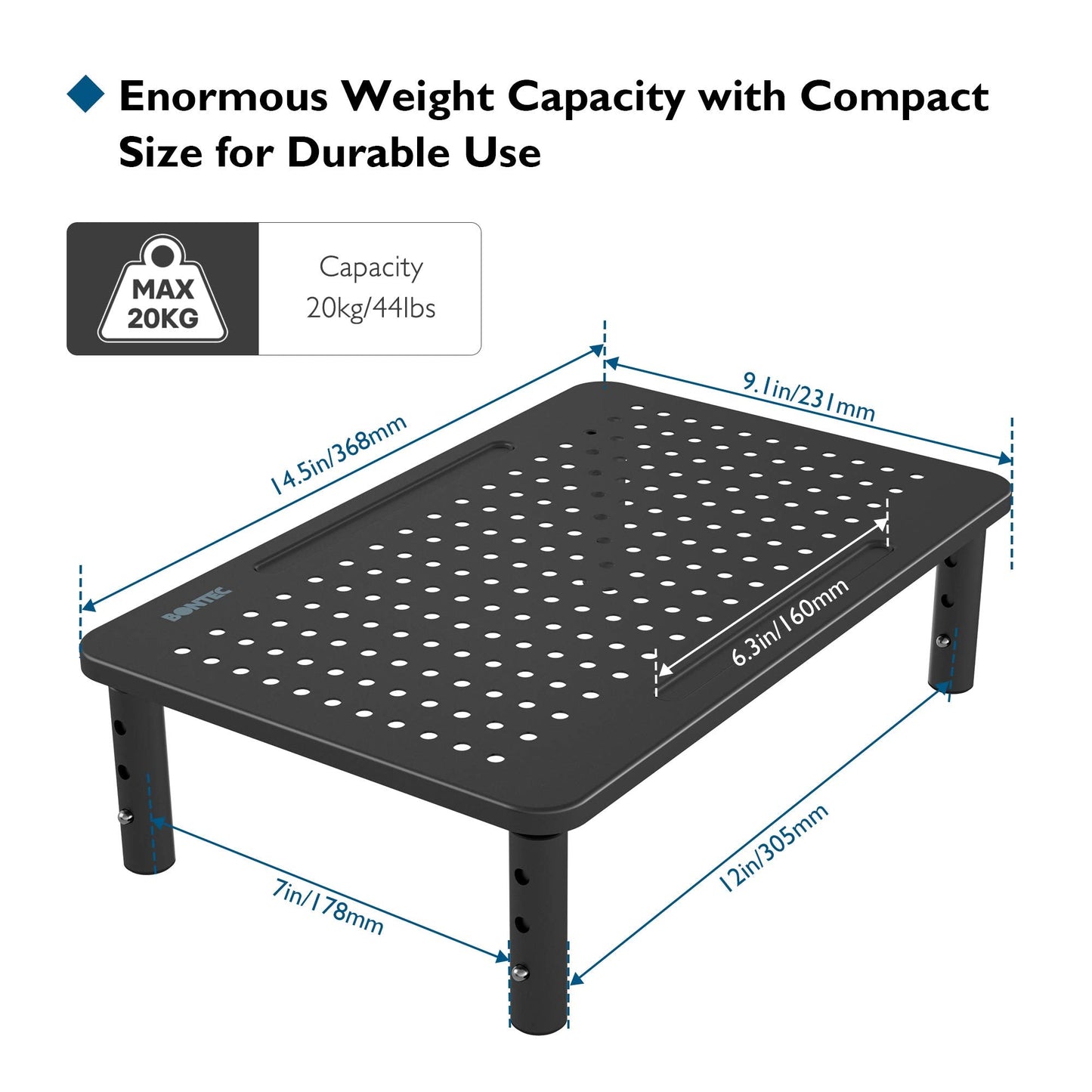BONTEC Adjustable Monitor Riser for Desk, Ergonomic Metal Stand with 3 Height Levels (100/120/140mm), Mesh Surface for Airflow, Up to 20KG, Computer Stand, Cable Ties Included