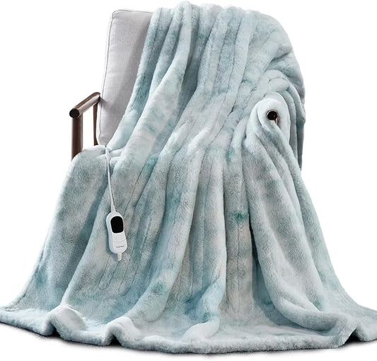 Guohaoi Heated Blanket Electric Throw, Soft Faux Rabbit Fur Electric Blanket with 10 Heating Levels 5 Sitting Timer Auto Off, Cozy Warm Heating Blankets, Machine Washable(72"×84" Blue)