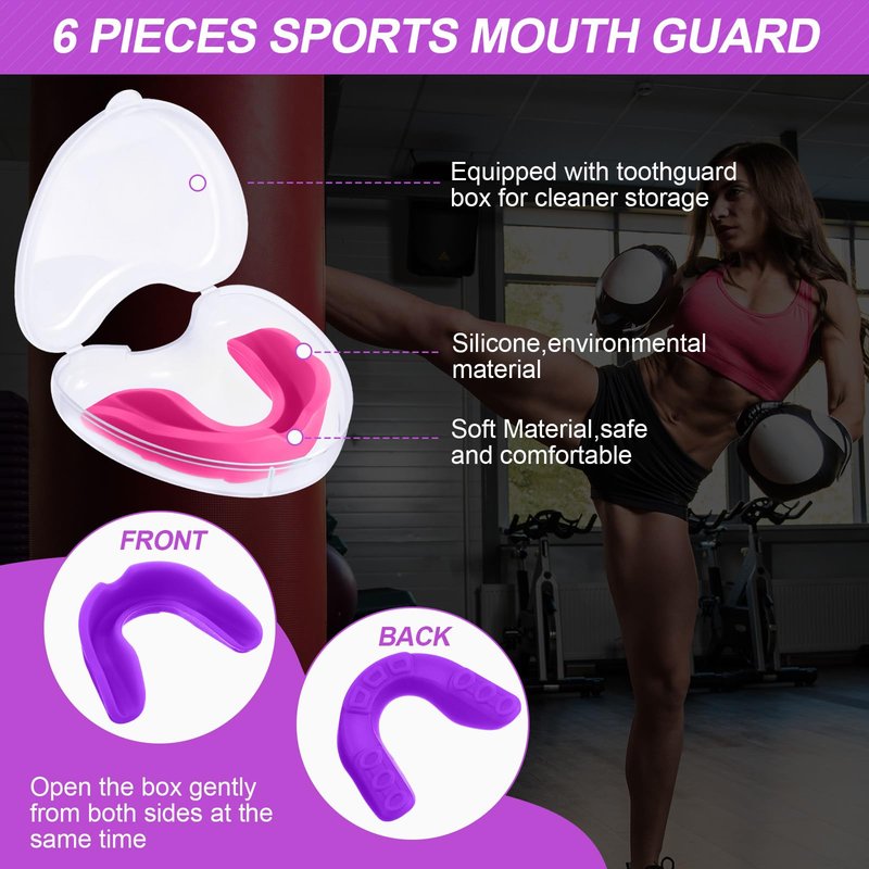 BBTO 6 Pack Kids Youth Mouth Guard for Football Sports, Purple Pink Boys Girls Sports Mouthguard with Case, Soft Mouth Guard for Hockey Boxing MMA Basketball, Ages 4+
