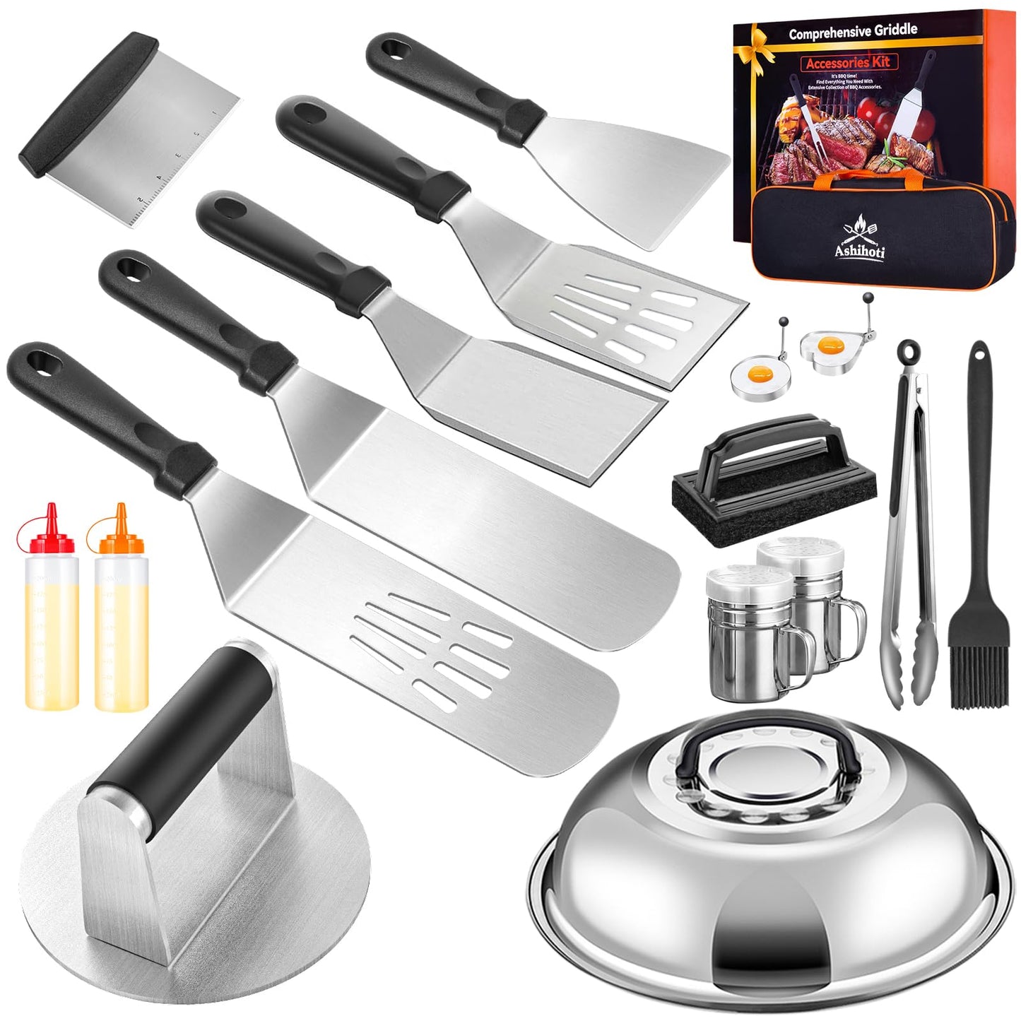 Griddle Accessories for Blackstone with Smashed Burger Press,19Pcs Griddle Accessories kit for Hibachi, Enlarged Grill Spatula, Salt and Pepper Shakers, Grill Black Tools Set