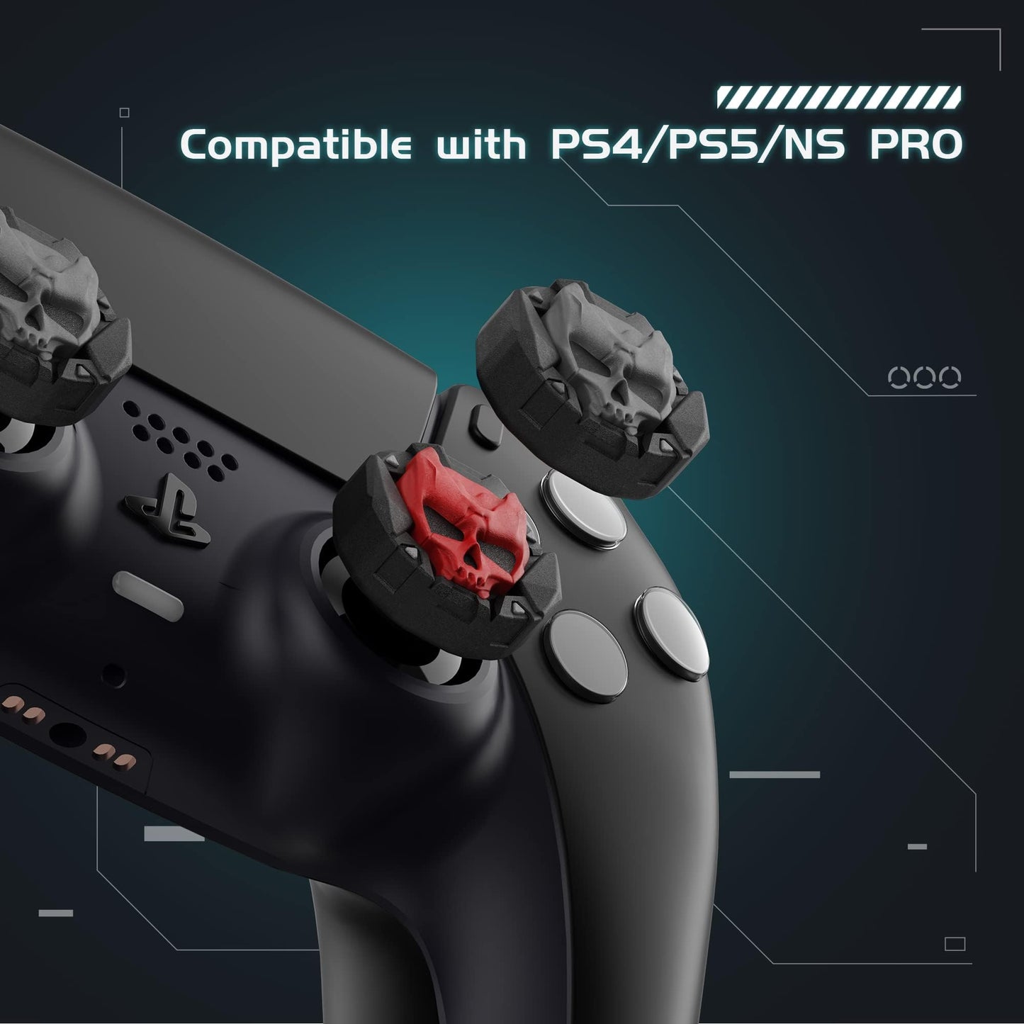GeekShare Skull Thumb Grip Caps for PS5 Controller, Thumbsticks Cover Set Compatible with Switch Pro Controller and PS4/PS5, 2 Pairs / 4 Pcs (Black & Red)