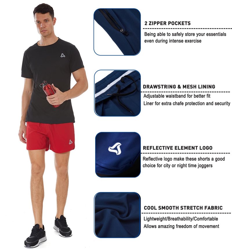 SILKWORLD Men's Workout Stretch Quick Dry Running Shorts with Zipper Pockets(Pack of 3), Steelblue, Blue, Red (Pack of 3), Large