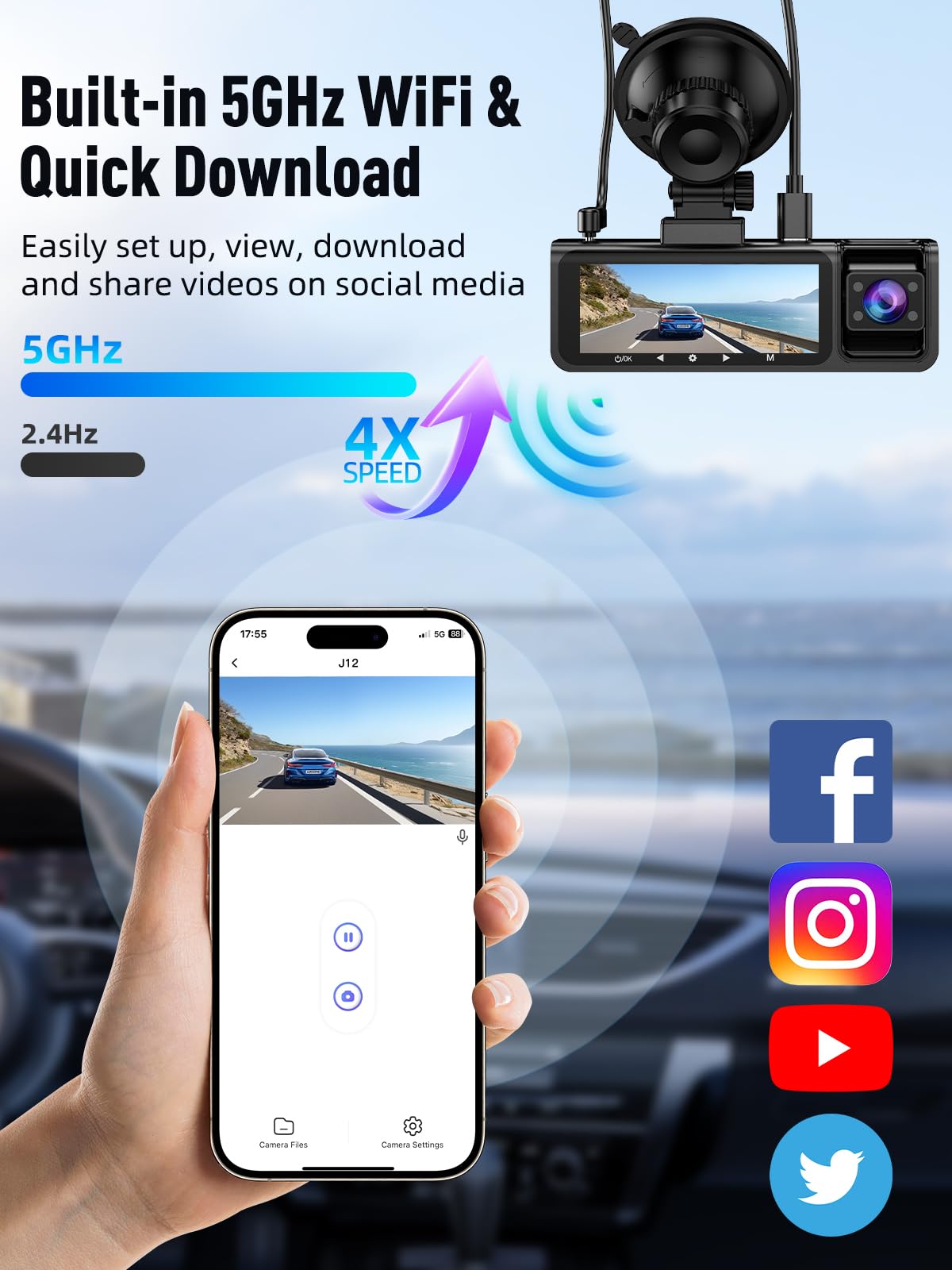 3 Channel 5G WiFi Dash Cam, 4K+1080P+1080P Dash Cam Front and Rear Inside with 64GB Card, 3.16” IPS Screen, G-Sensor, Loop Recording, Parking Monitor, 170° Wide Angle, IR Night Vision, WDR, Silver
