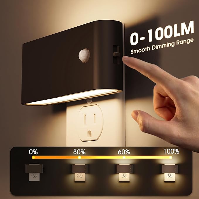 Briignite Motion Sensor Night Light, 2 Pack Motion Activation Night Lights Plug into Wall, Auto On Off, 0-100LM Dimmable Night Light Plug in, 3000K Warm White LED Nightlight for Kids Bedroom Hallway