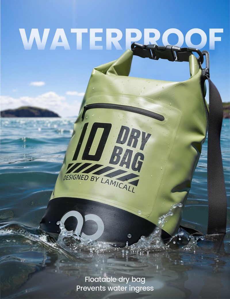 Lamicall Waterproof Dry Bag with Phone Pouch - 5L/10L/20L/30L/40L Floating Roll Top Backpack for Kayaking Boating Beach Camping Fishing - Heavy Duty 500D PVC Marine Dry Sack for Men, Women, Green 10L